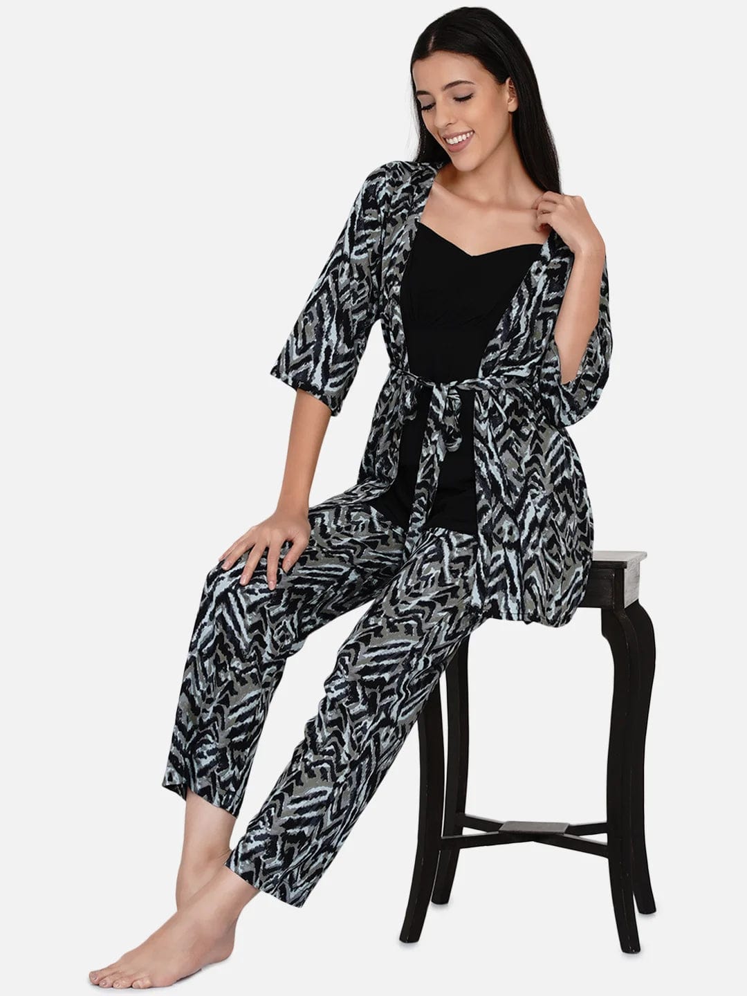 The Kaftan Company Pyjama Set Black geomteric print top and pyjama set