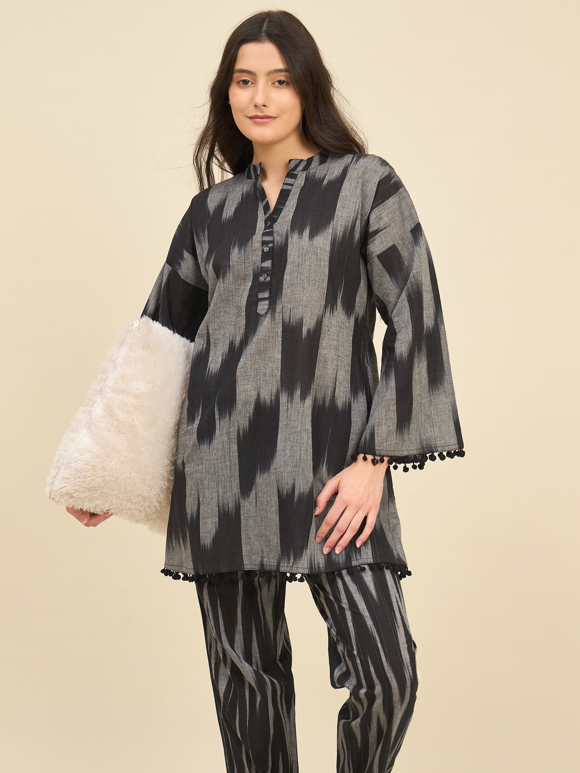 The Kaftan Company Pyjama Set Black & Grey Ikat Handloom Cotton Co-ord Set – Kurta with Pom-Pom Detailing & Pyjamas