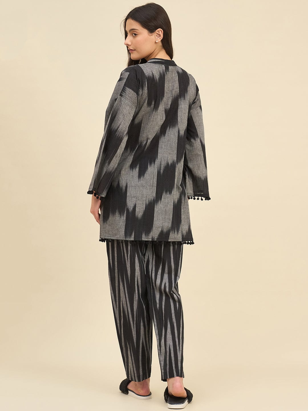 The Kaftan Company Pyjama Set Black & Grey Ikat Handloom Cotton Co-ord Set – Kurta with Pom-Pom Detailing & Pyjamas
