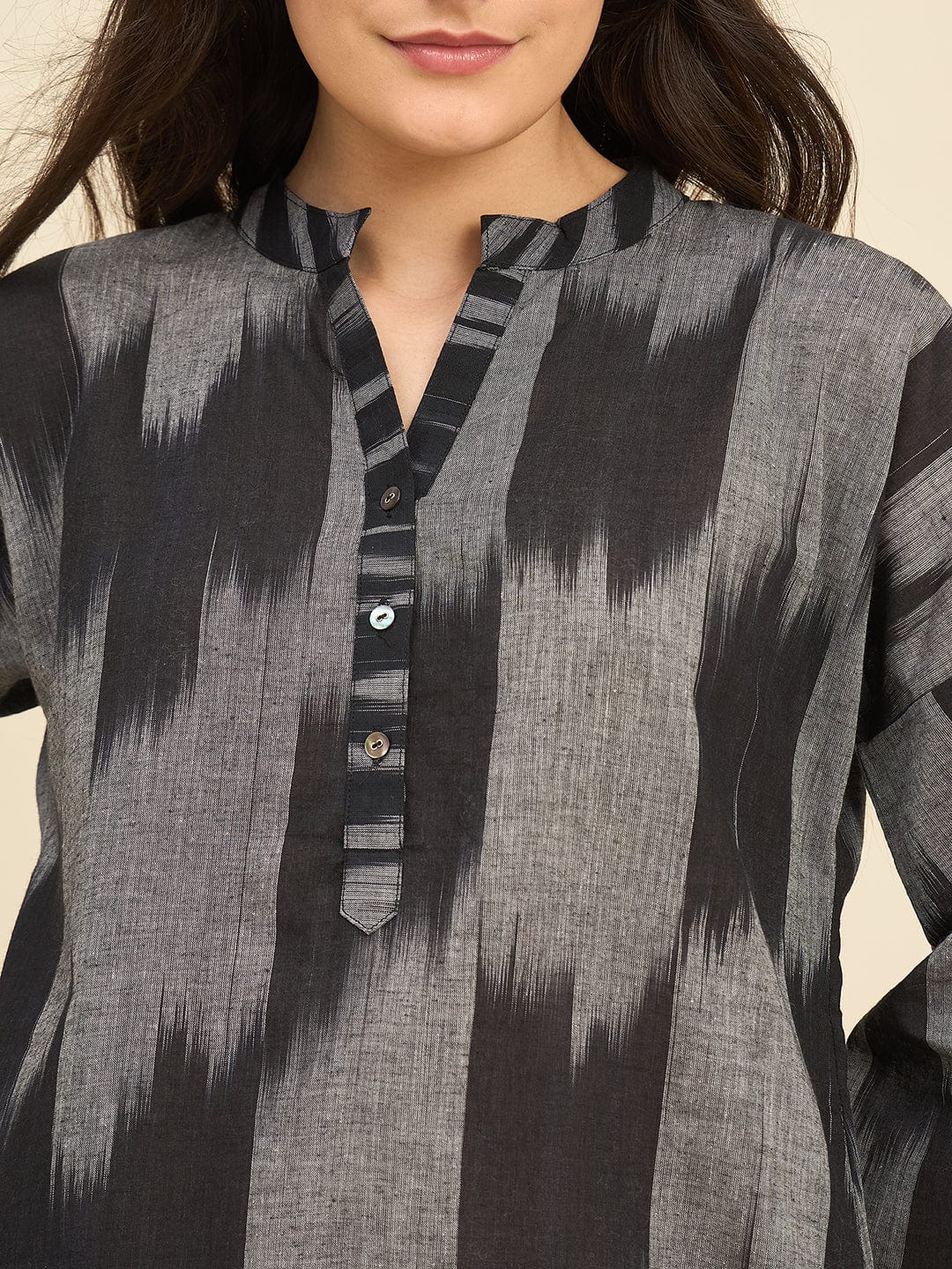 The Kaftan Company Pyjama Set Black & Grey Ikat Handloom Cotton Co-ord Set – Kurta with Pom-Pom Detailing & Pyjamas