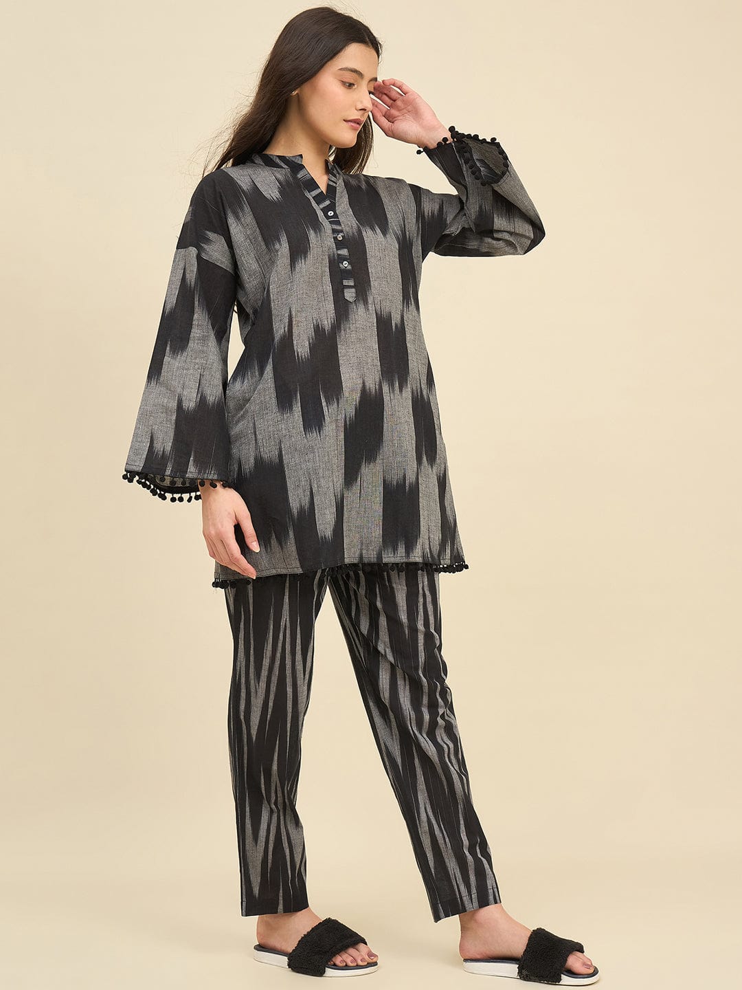 The Kaftan Company Pyjama Set Black & Grey Ikat Handloom Cotton Co-ord Set – Kurta with Pom-Pom Detailing & Pyjamas