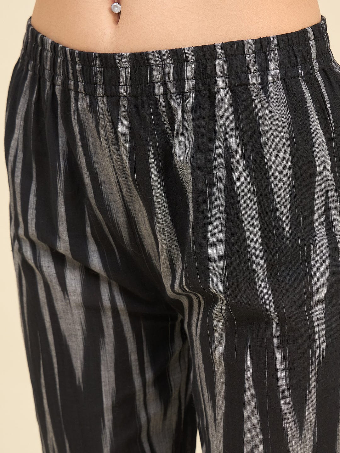 The Kaftan Company Pyjama Set Black & Grey Ikat Handloom Cotton Co-ord Set – Kurta with Pom-Pom Detailing & Pyjamas