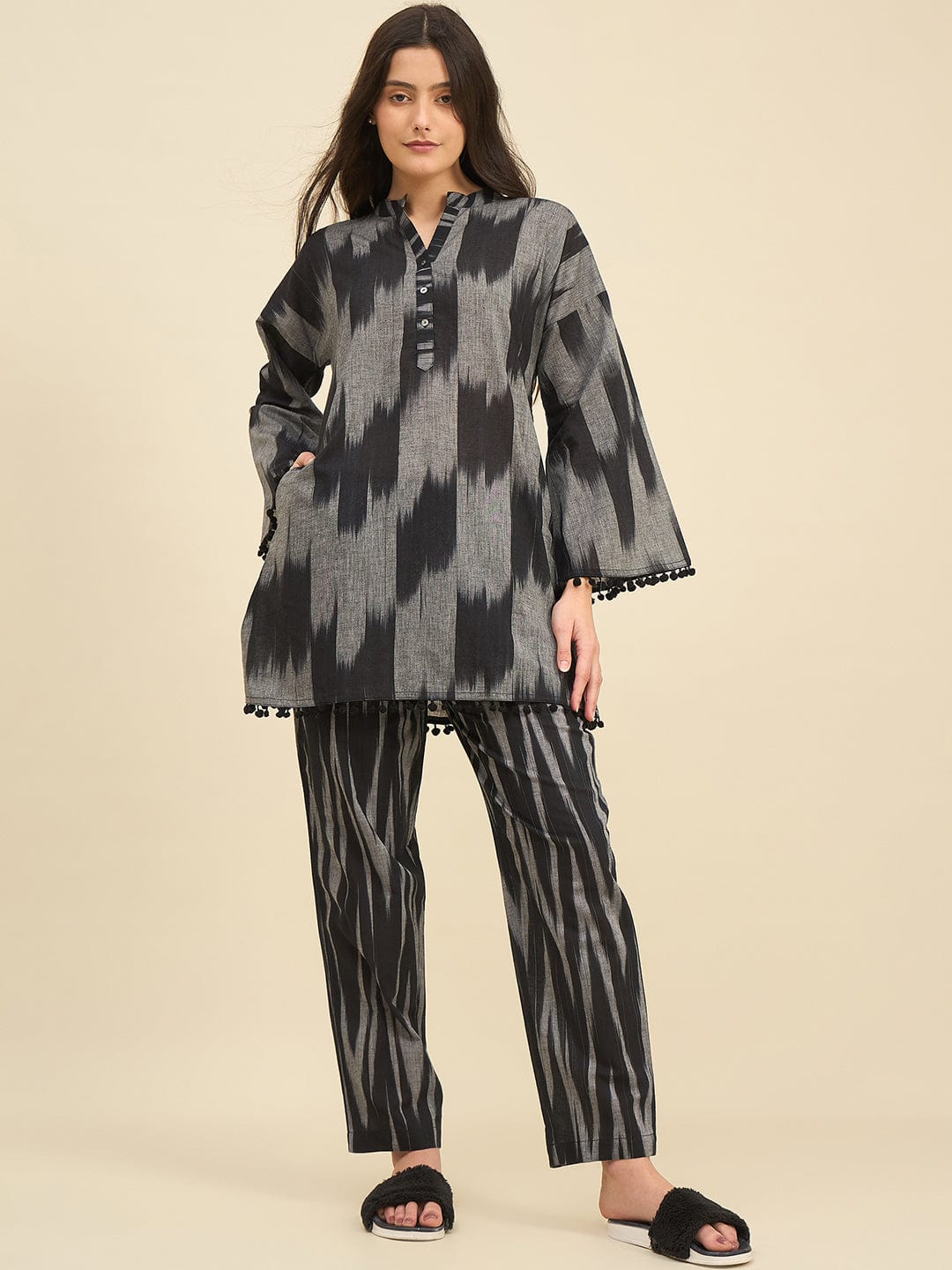 The Kaftan Company Pyjama Set Black & Grey Ikat Handloom Cotton Co-ord Set – Kurta with Pom-Pom Detailing & Pyjamas