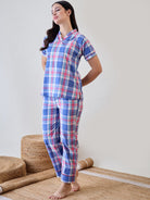 The Kaftan Company Pyjama Set Blue and Pink Checkered Cotton Pyjama Set
