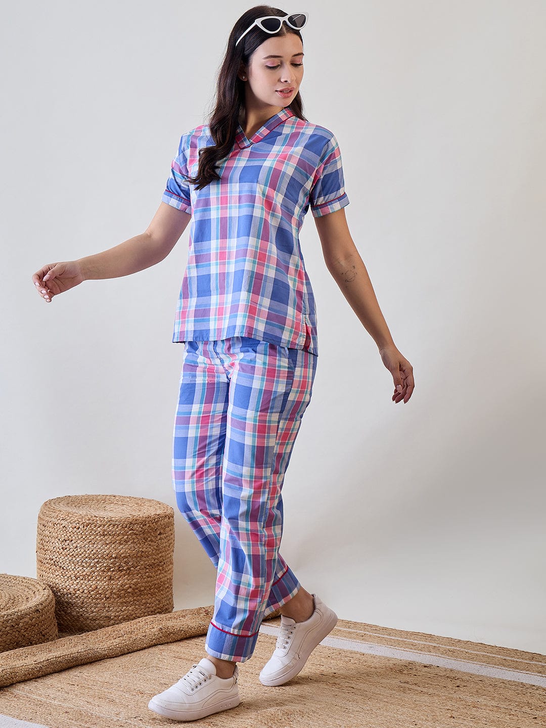 The Kaftan Company Pyjama Set Blue and Pink Checkered Cotton Pyjama Set