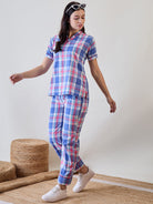 The Kaftan Company Pyjama Set Blue and Pink Checkered Cotton Pyjama Set