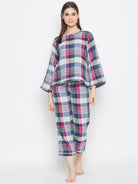 The Kaftan Company Pyjama Set Blue Checked Reversible Plaid Lounge Set