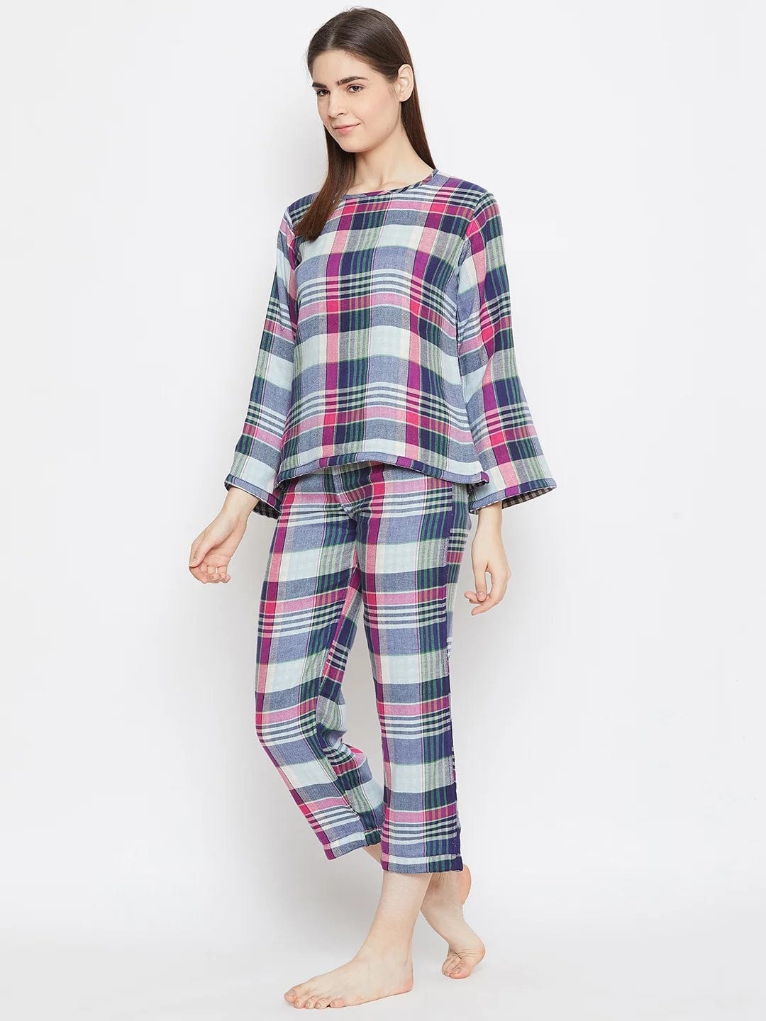 The Kaftan Company Pyjama Set Blue Checked Reversible Plaid Lounge Set