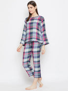 The Kaftan Company Pyjama Set Blue Checked Reversible Plaid Lounge Set