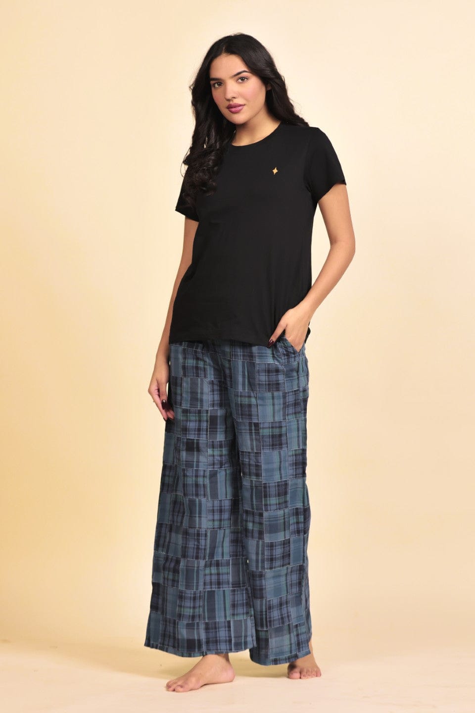 The Kaftan Company Pyjama Set Blue Cotton Patchwork Home Lounge Pants