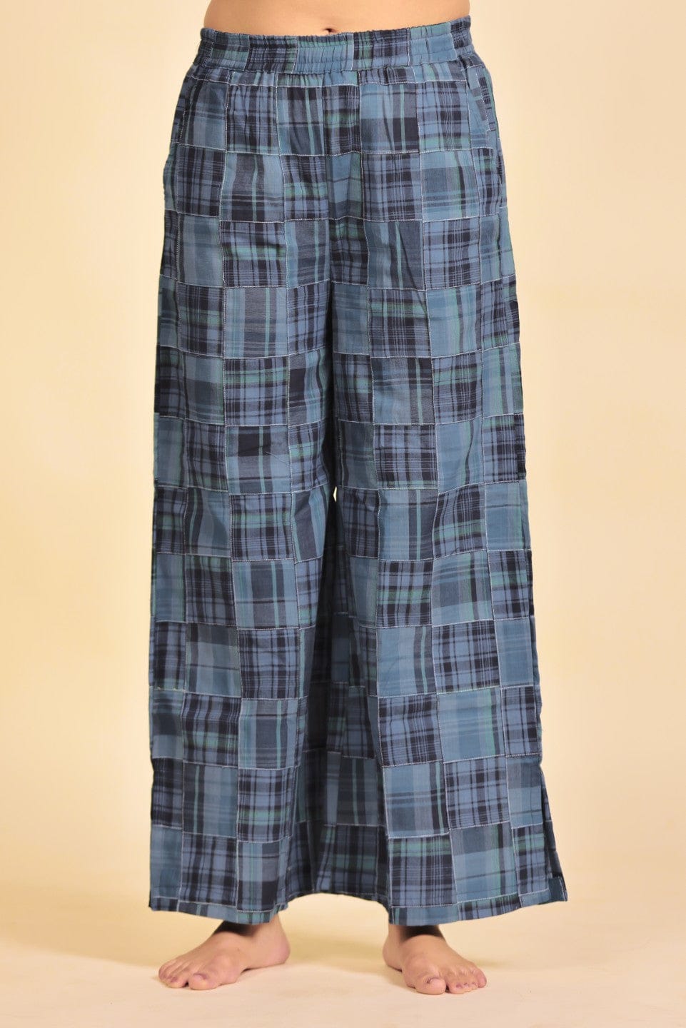 The Kaftan Company Pyjama Set Blue Cotton Patchwork Home Lounge Pants