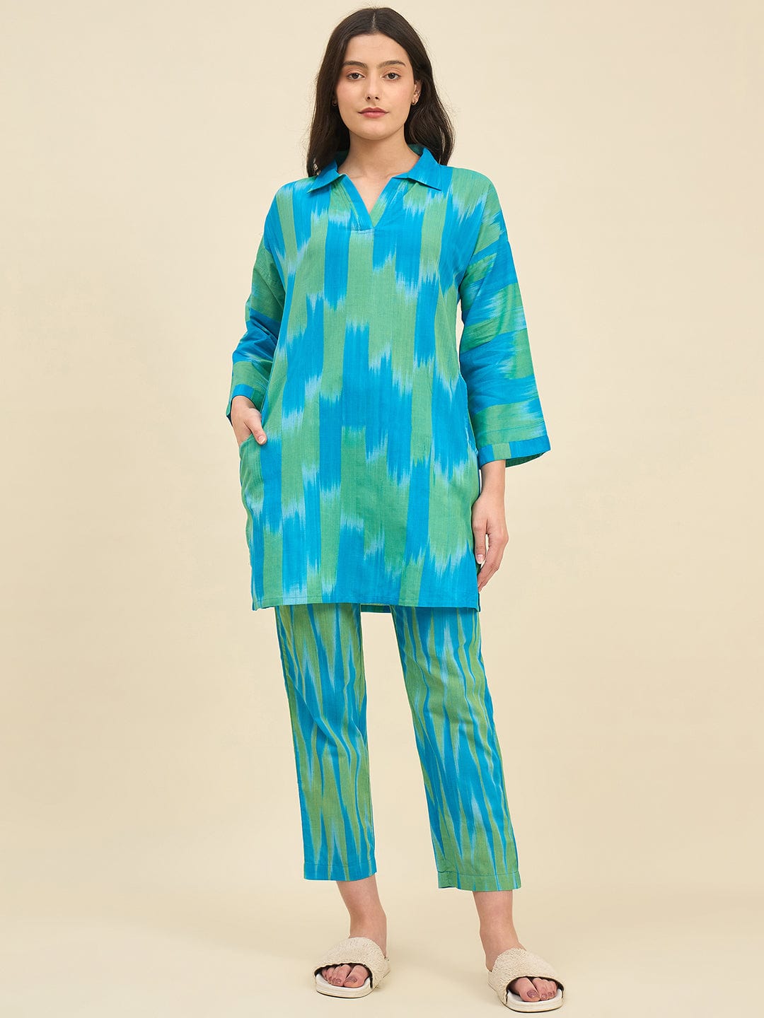 The Kaftan Company Pyjama Set Blue & Green Ikat Handloom Cotton Co-ord Set – Relaxed Fit Kurta and Pyjama for Women