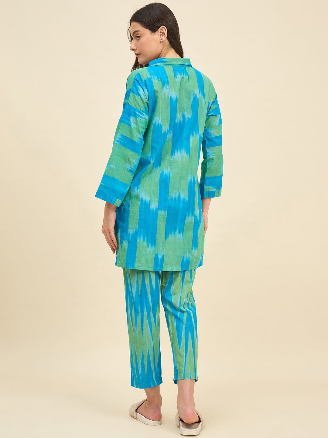 The Kaftan Company Pyjama Set Blue & Green Ikat Handloom Cotton Co-ord Set – Relaxed Fit Kurta and Pyjama for Women