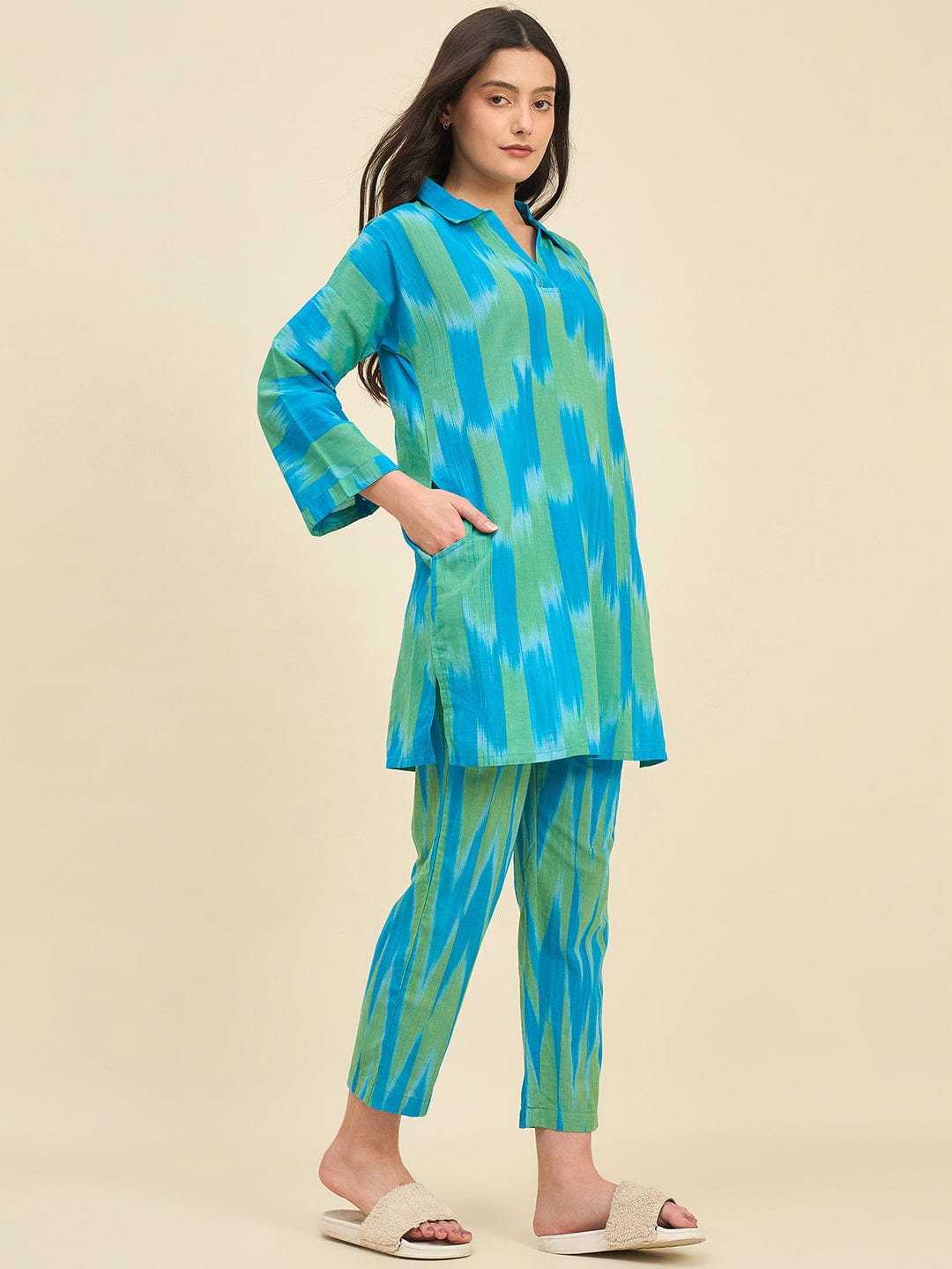 The Kaftan Company Pyjama Set Blue & Green Ikat Handloom Cotton Co-ord Set – Relaxed Fit Kurta and Pyjama for Women