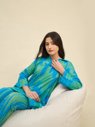The Kaftan Company Pyjama Set Blue & Green Ikat Handloom Cotton Co-ord Set – Relaxed Fit Kurta and Pyjama for Women