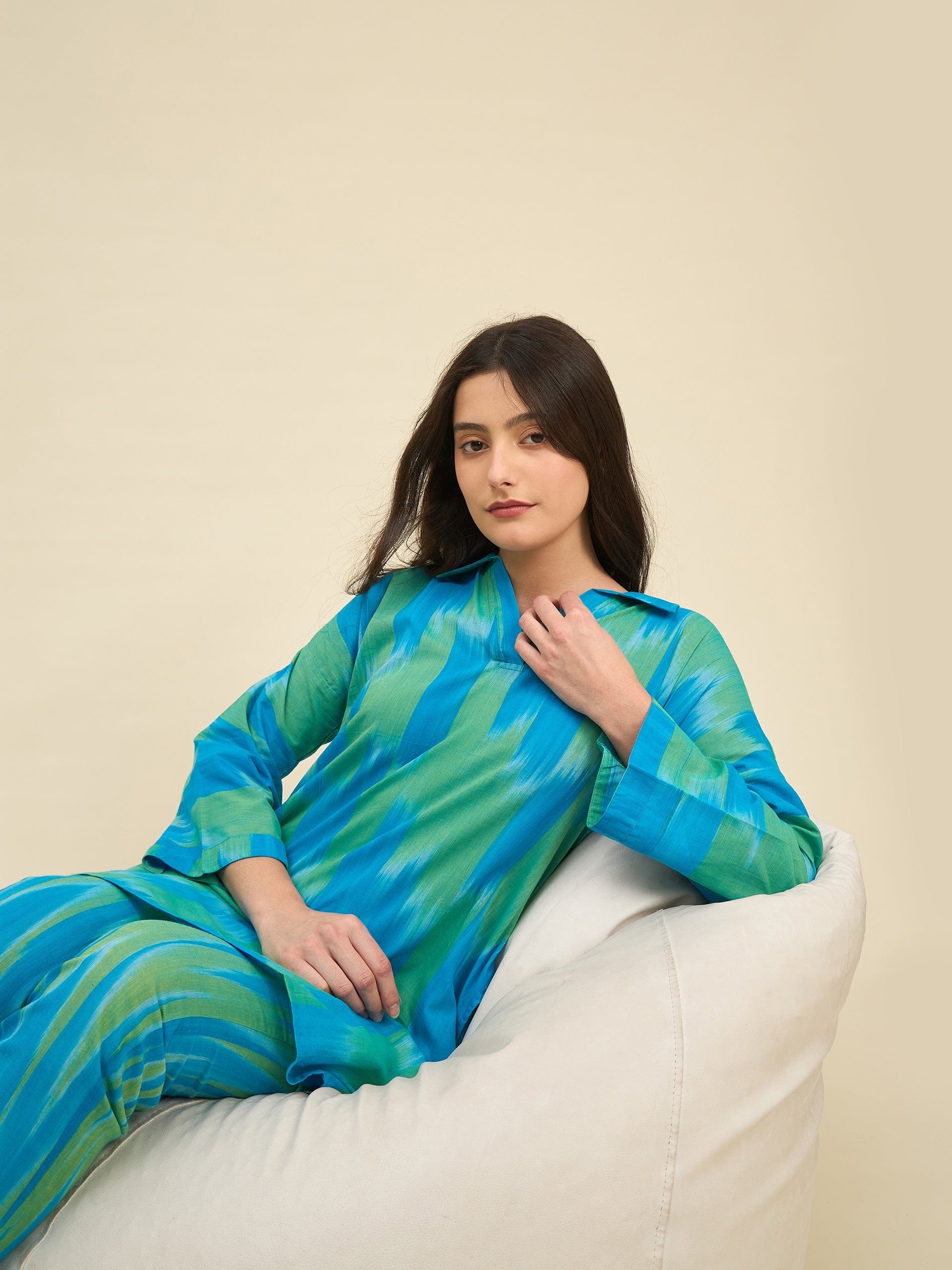 The Kaftan Company Pyjama Set Blue & Green Ikat Handloom Cotton Co-ord Set – Relaxed Fit Kurta and Pyjama for Women