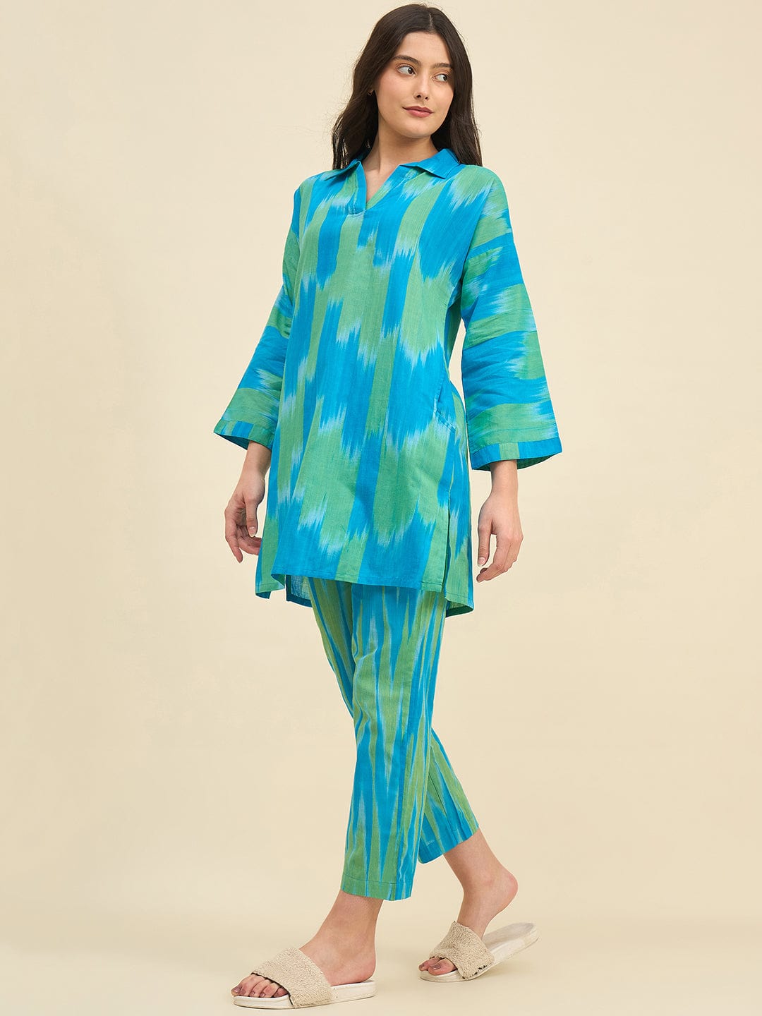 The Kaftan Company Pyjama Set Blue & Green Ikat Handloom Cotton Co-ord Set – Relaxed Fit Kurta and Pyjama for Women