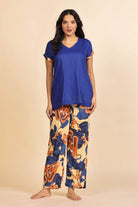 The Kaftan Company Pyjama Set Blue V-Neck Top and Butterfly Print Pyjama Loungeset