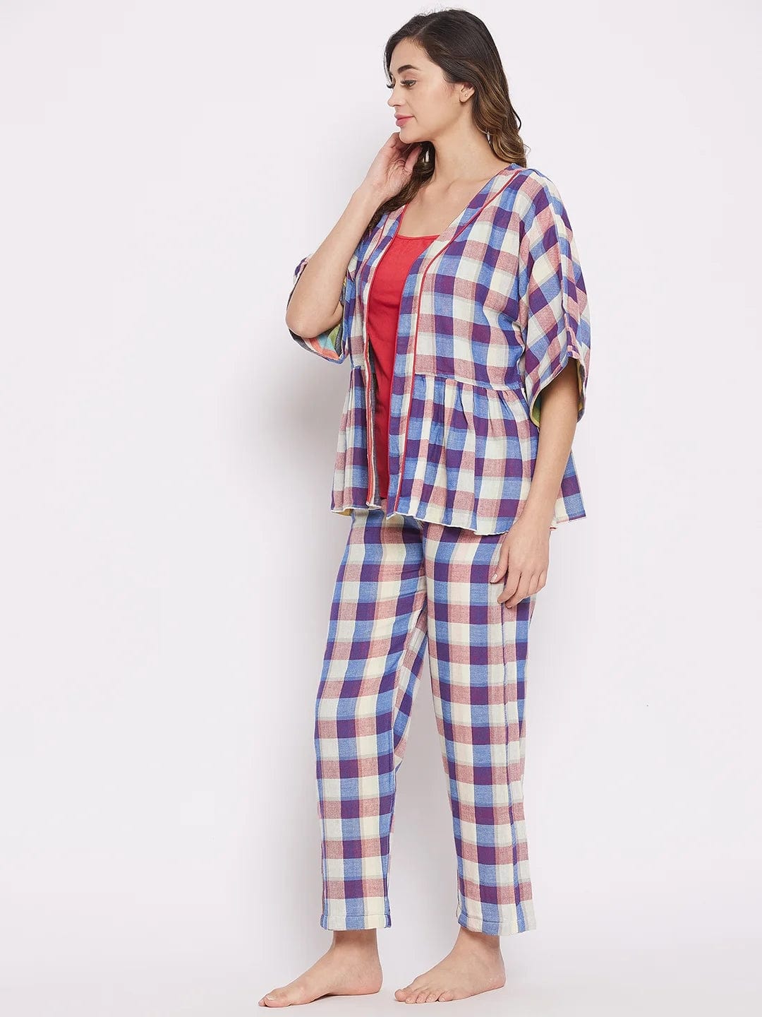 The Kaftan Company Pyjama Set Colourblocked Checks reversible Lounge Set