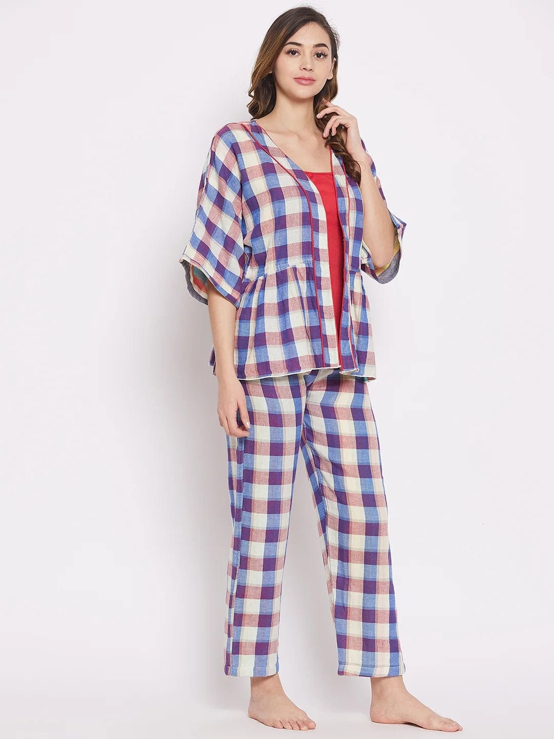 The Kaftan Company Pyjama Set Colourblocked Checks reversible Lounge Set