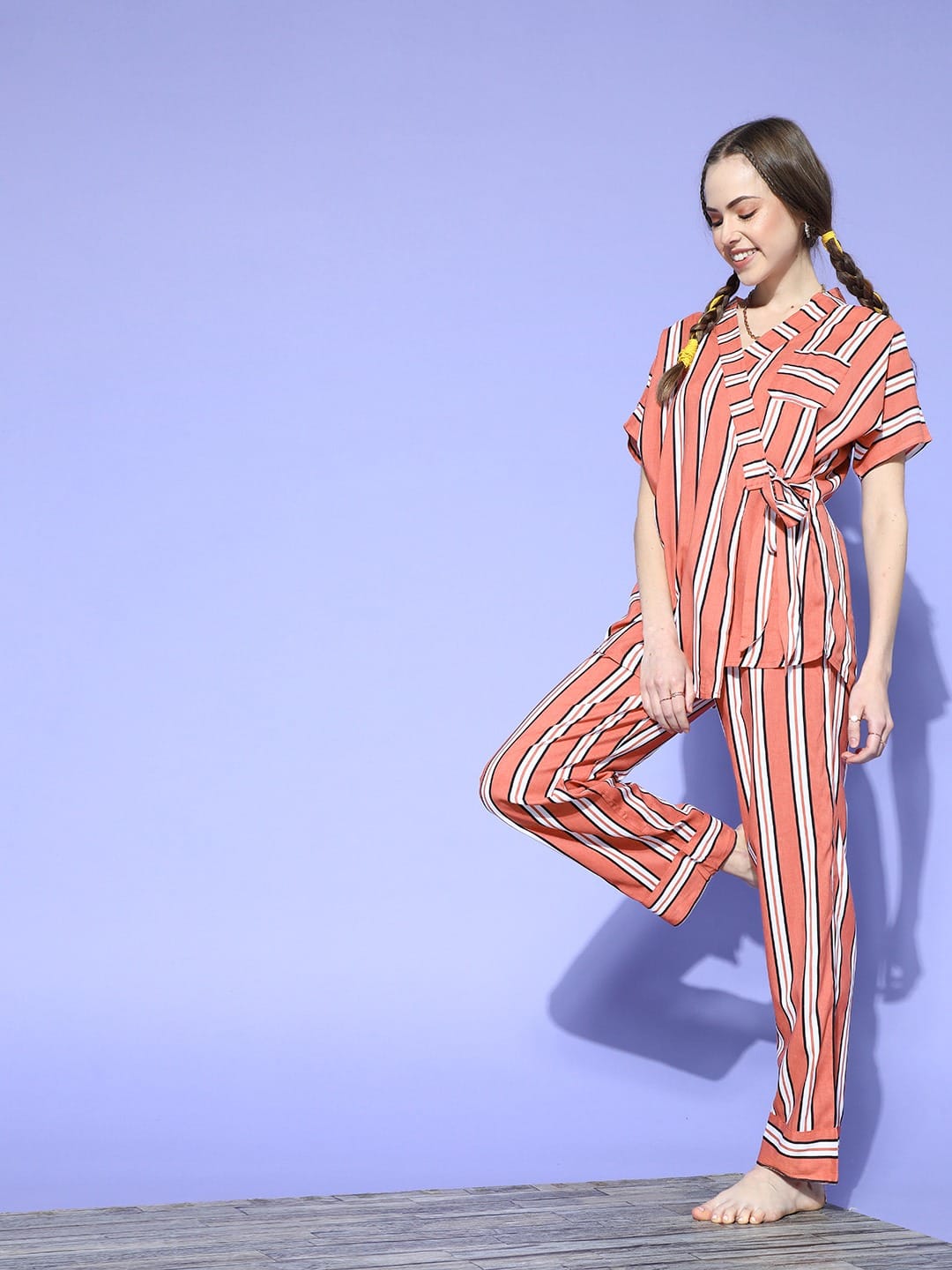 The Kaftan Company Pyjama Set Coral Striped Cotton Pyjama Set with Waist Tie for Women