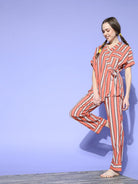 The Kaftan Company Pyjama Set Coral Striped Cotton Pyjama Set with Waist Tie for Women