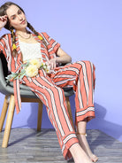 The Kaftan Company Pyjama Set Coral Striped Cotton Pyjama Set with Waist Tie for Women