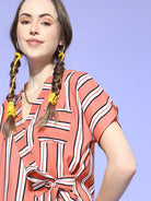 The Kaftan Company Pyjama Set Coral Striped Cotton Pyjama Set with Waist Tie for Women