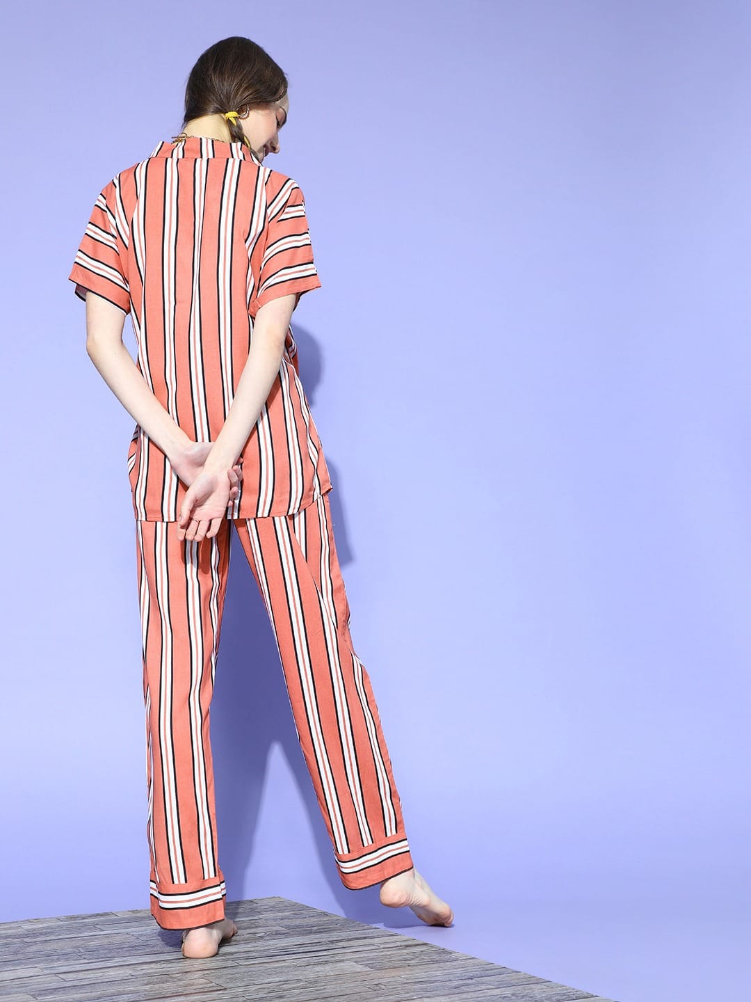 The Kaftan Company Pyjama Set Coral Striped Cotton Pyjama Set with Waist Tie for Women