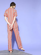 The Kaftan Company Pyjama Set Coral Striped Cotton Pyjama Set with Waist Tie for Women