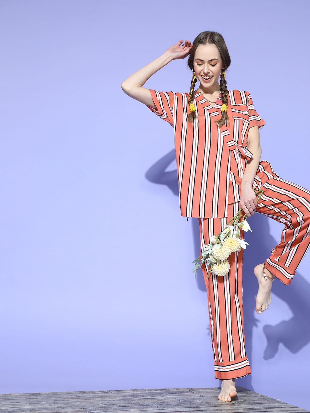 The Kaftan Company Pyjama Set Coral Striped Cotton Pyjama Set with Waist Tie for Women