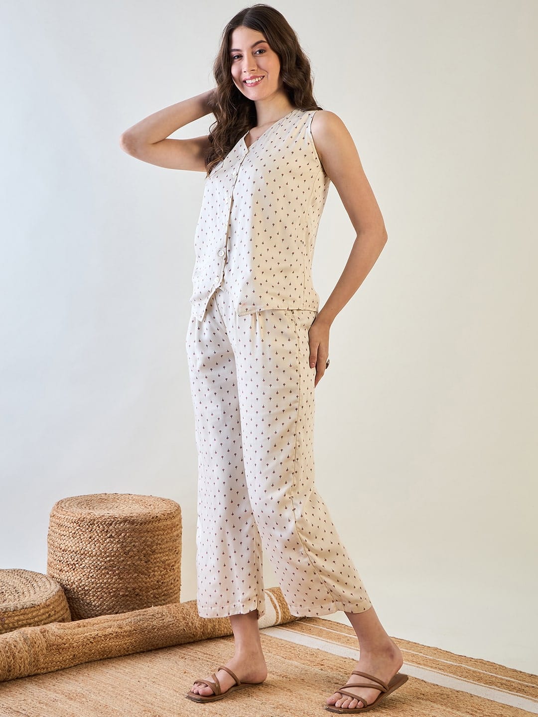 The Kaftan Company Pyjama Set Cream Micro Floral Print Cotton Satin Waistcoat Pyjama Set