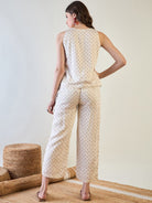 The Kaftan Company Pyjama Set Cream Micro Floral Print Cotton Satin Waistcoat Pyjama Set