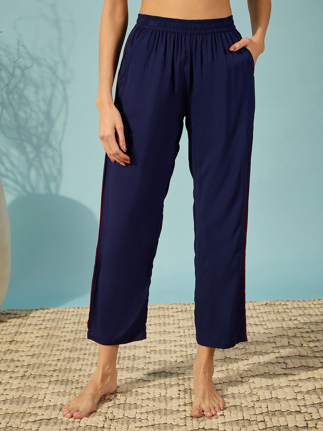 The Kaftan Company Pyjama Set Floral Border Pink and Blue Pyjama Set