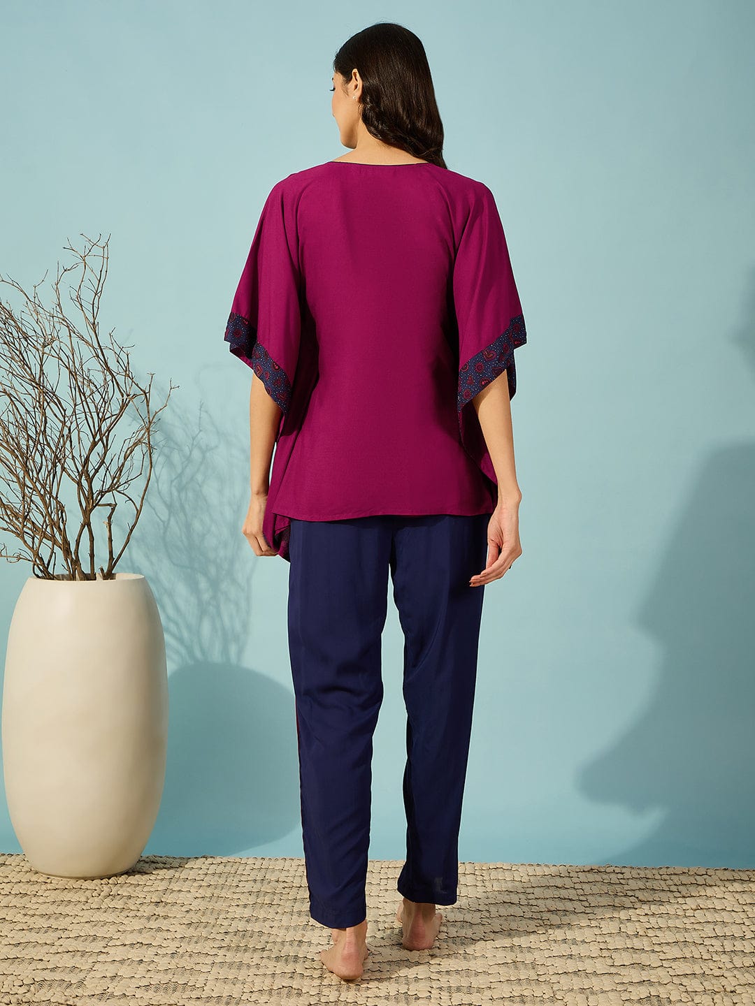 The Kaftan Company Pyjama Set Floral Border Pink and Blue Pyjama Set