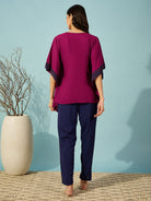 The Kaftan Company Pyjama Set Floral Border Pink and Blue Pyjama Set