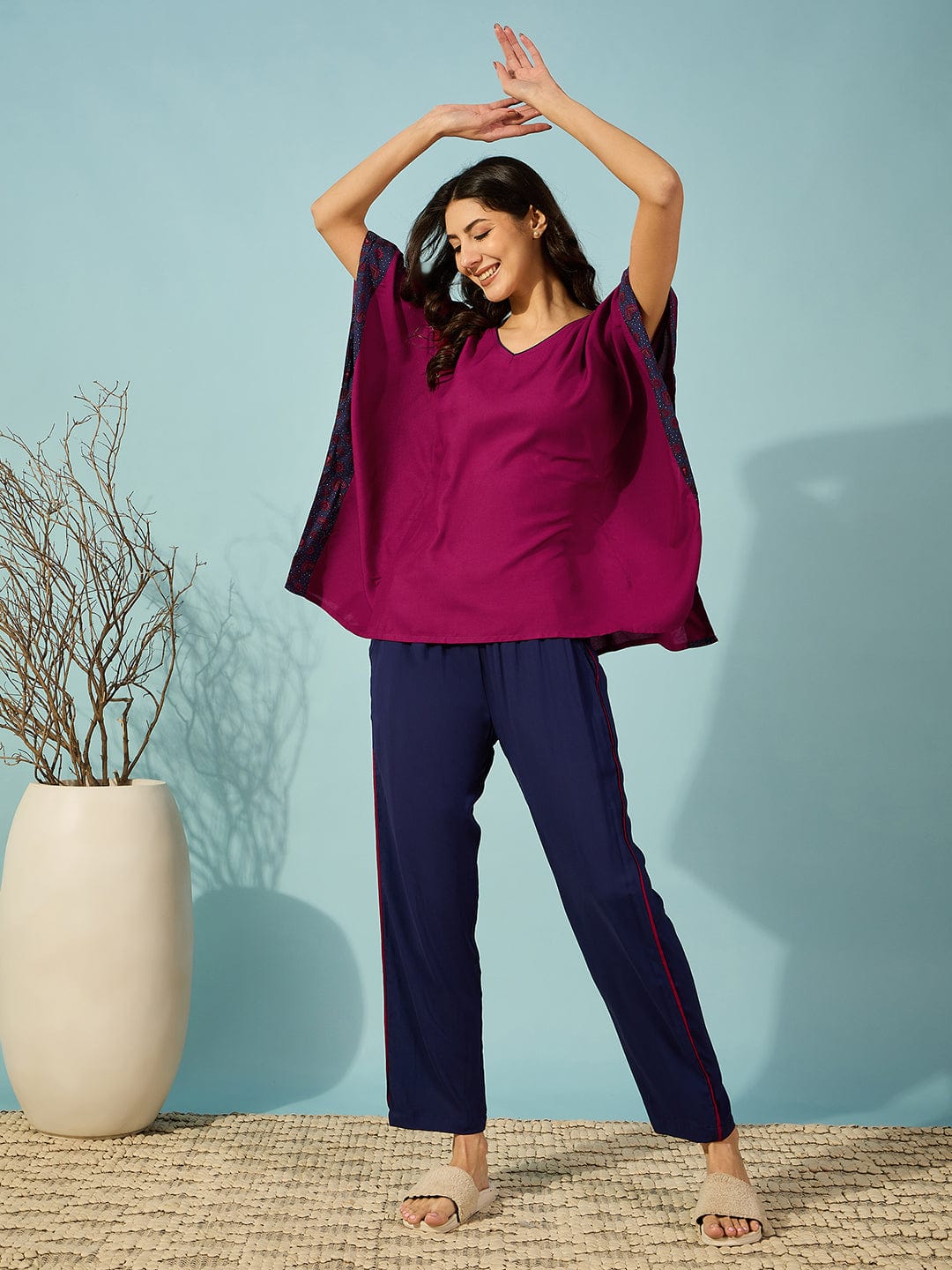 The Kaftan Company Pyjama Set Floral Border Pink and Blue Pyjama Set