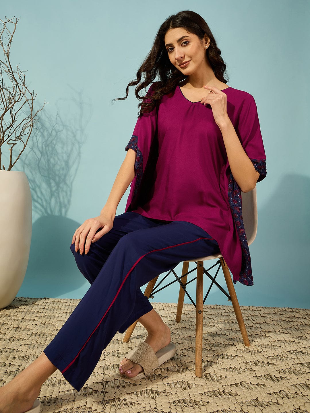 The Kaftan Company Pyjama Set Floral Border Pink and Blue Pyjama Set