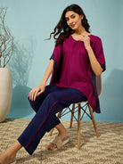The Kaftan Company Pyjama Set Floral Border Pink and Blue Pyjama Set