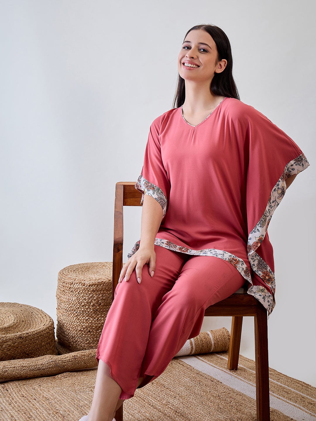 The Kaftan Company Pyjama Set Floral Bordered Pink Soft Modal Lounge Set