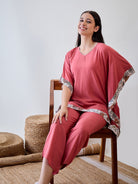 The Kaftan Company Pyjama Set Floral Bordered Pink Soft Modal Lounge Set