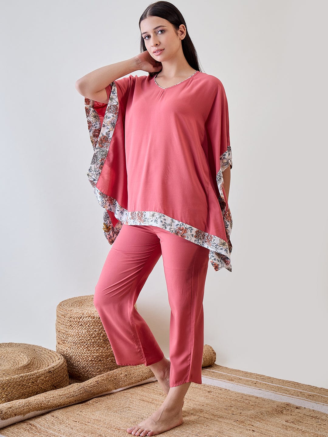 The Kaftan Company Pyjama Set Floral Bordered Pink Soft Modal Lounge Set