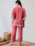 The Kaftan Company Pyjama Set Floral Bordered Pink Soft Modal Lounge Set