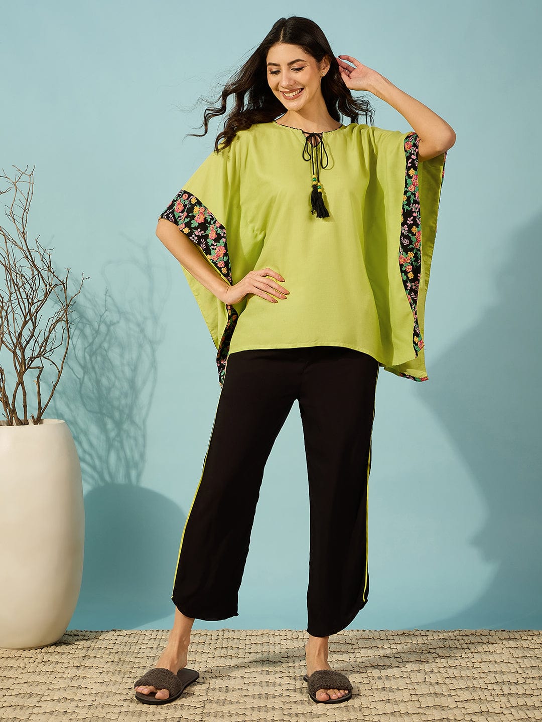 The Kaftan Company Pyjama Set Flourescent Green and Black Pyjama Set