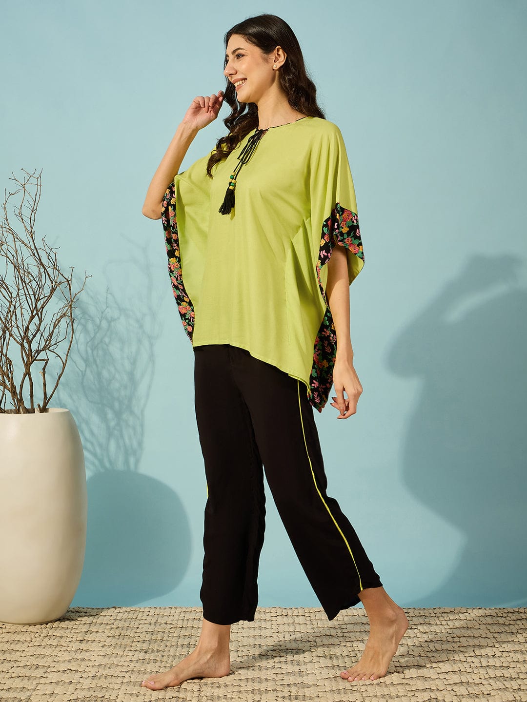 The Kaftan Company Pyjama Set Flourescent Green and Black Pyjama Set