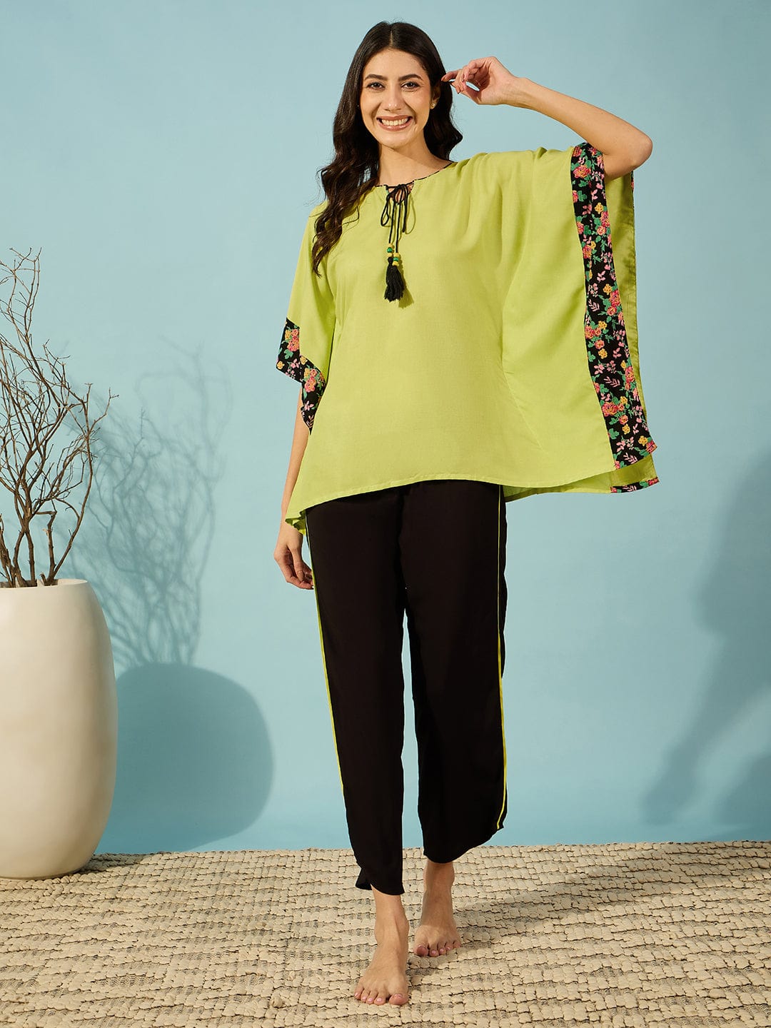 The Kaftan Company Pyjama Set Flourescent Green and Black Pyjama Set