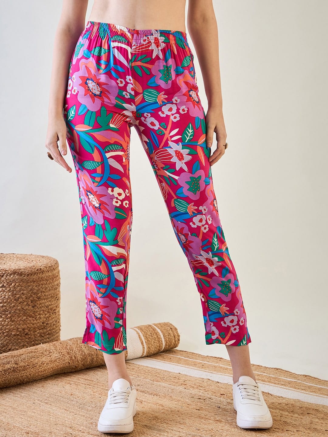 The Kaftan Company Pyjama Set Fuchsia Tropical Floral Viscose Rayon Nightsuit Set