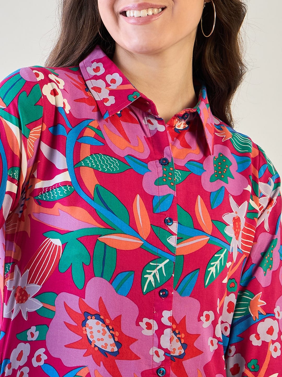 The Kaftan Company Pyjama Set Fuchsia Tropical Floral Viscose Rayon Nightsuit Set