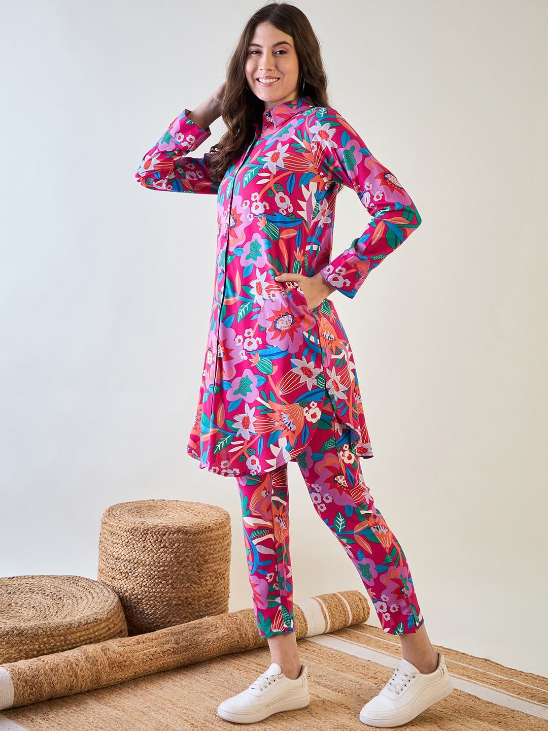 The Kaftan Company Pyjama Set Fuchsia Tropical Floral Viscose Rayon Nightsuit Set