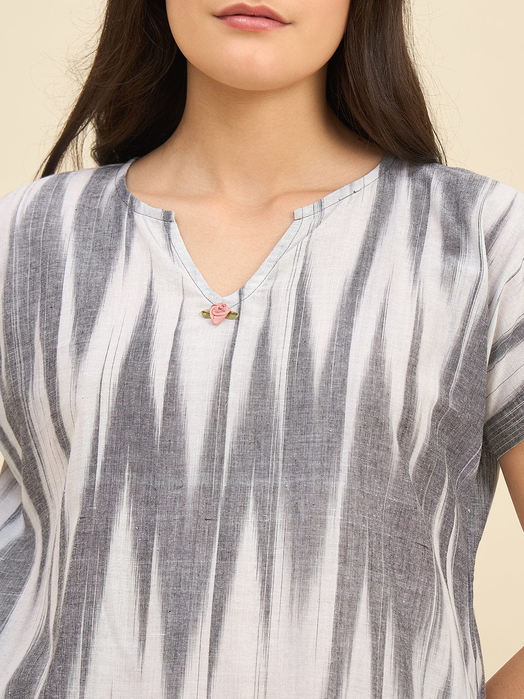 The Kaftan Company Pyjama Set Grey Handloom Ikat Cotton Co-ord Set for Women – Relaxed Fit Kurta & Pyjama Set